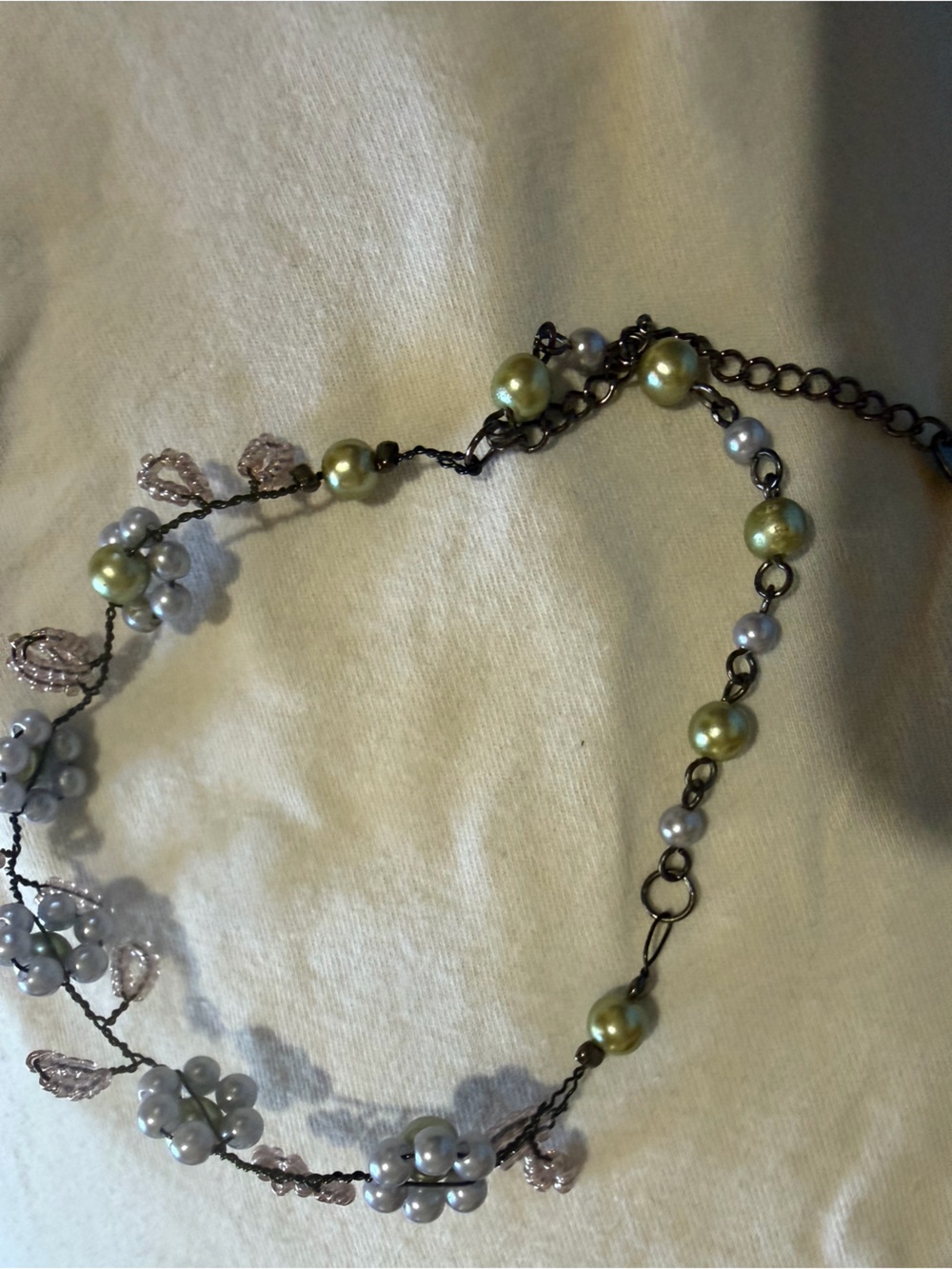 Vintage TIRAMISU Beaded Flower Anklet – 11" Olive & Lavender Pearl Wire Wrap